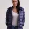 Daunenjacke mit Kapuze und Kaschmirfutter in glänzender Optik navy