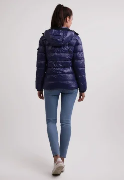 Daunenjacke mit Kapuze und Kaschmirfutter in glänzender Optik navy