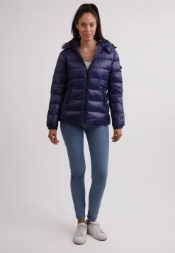 Daunenjacke mit Kapuze und Kaschmirfutter in glänzender Optik navy