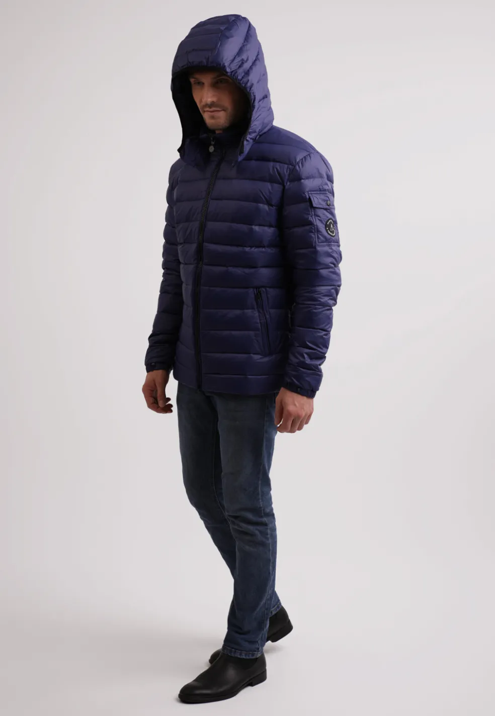 Daunenjacke mit Kapuze und Kaschmirfutter navy