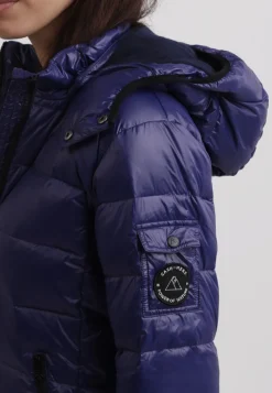 Daunenjacke mit Kapuze und Kaschmirfutter in glänzender Optik navy