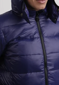 Daunenjacke mit Kapuze und Kaschmirfutter in glänzender Optik navy
