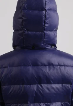 Daunenjacke mit Kapuze und Kaschmirfutter in glänzender Optik navy