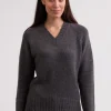 Grobgestrickter Recycelter Kaschmir V-Ausschnitt Pullover mittel anthrazit