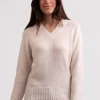 Grobgestrickter Recycelter Kaschmir V-Ausschnitt Pullover ecru