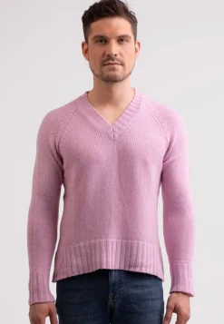 Grobgestrickter Recycelter Kaschmir V-Ausschnitt Pullover rosa