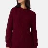 Grobgestrickter Wolle Kaschmir Rundhals Pullover rouge noir