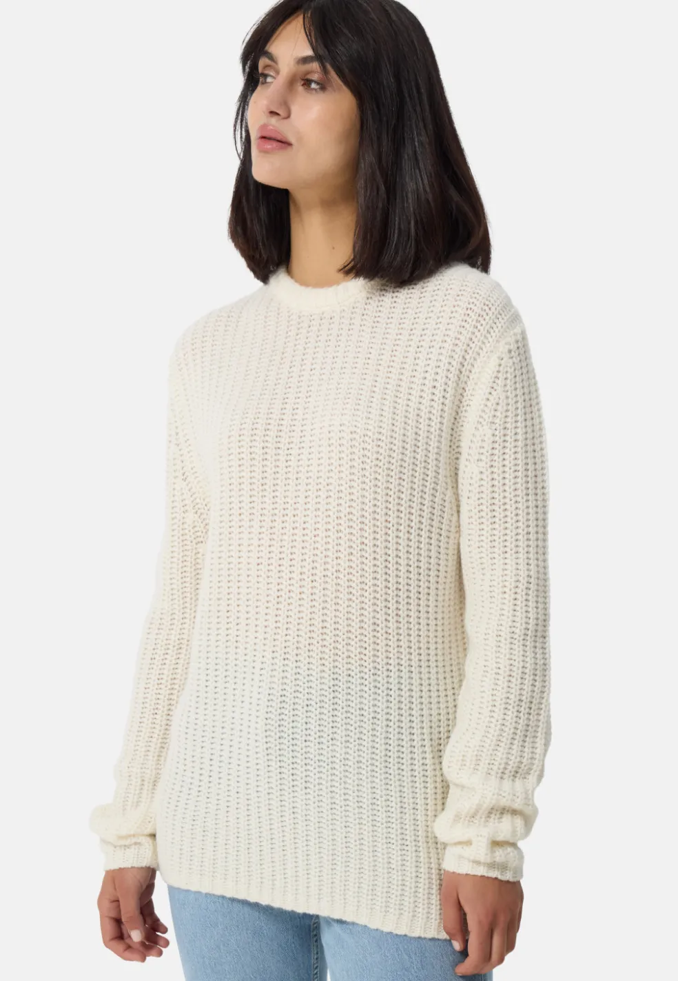 Grobgestrickter Wolle Kaschmir Rundhals Pullover weiss