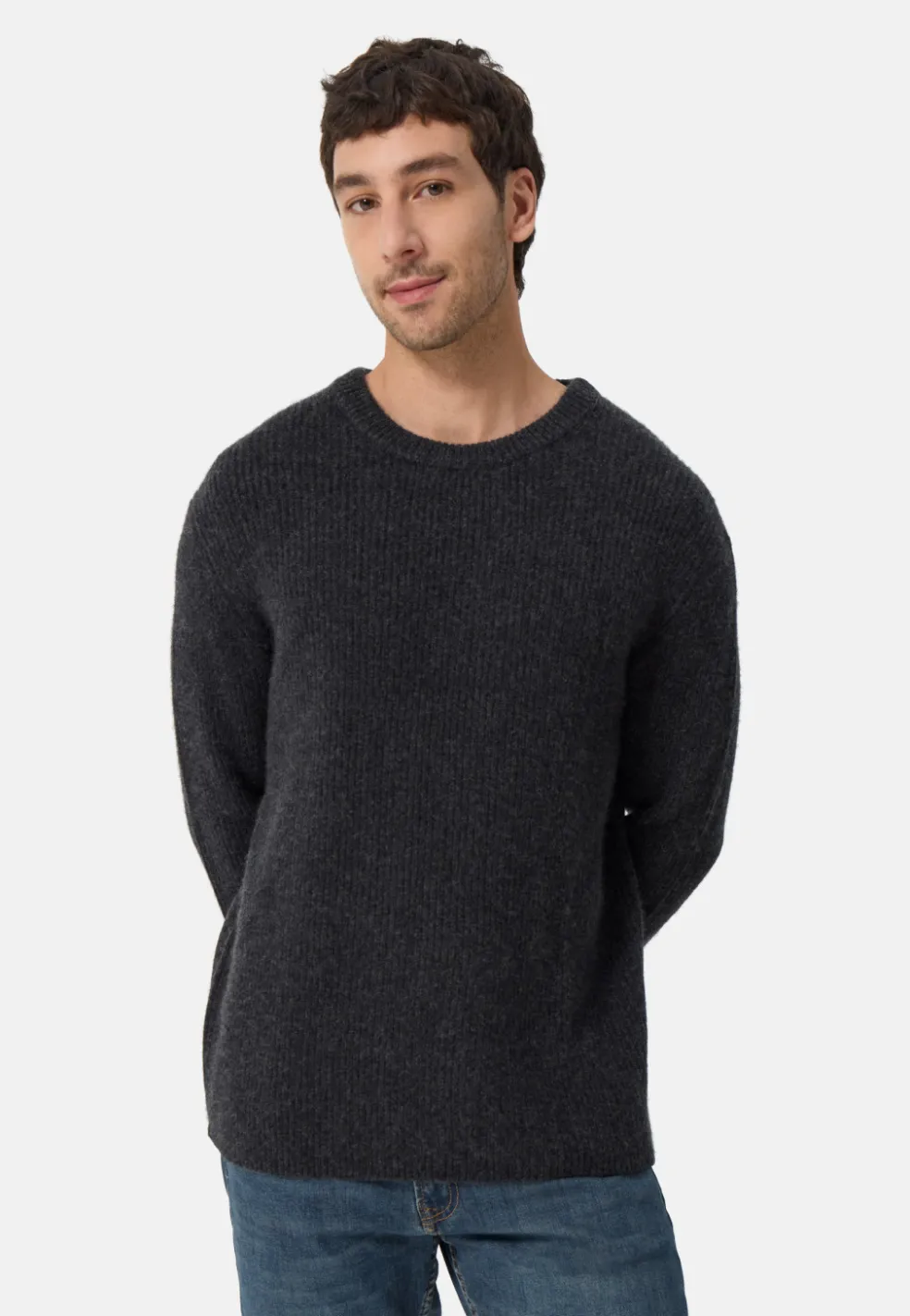 Grobgestrickter Wolle Kaschmir Rundhals Pullover dunkel anthrazit