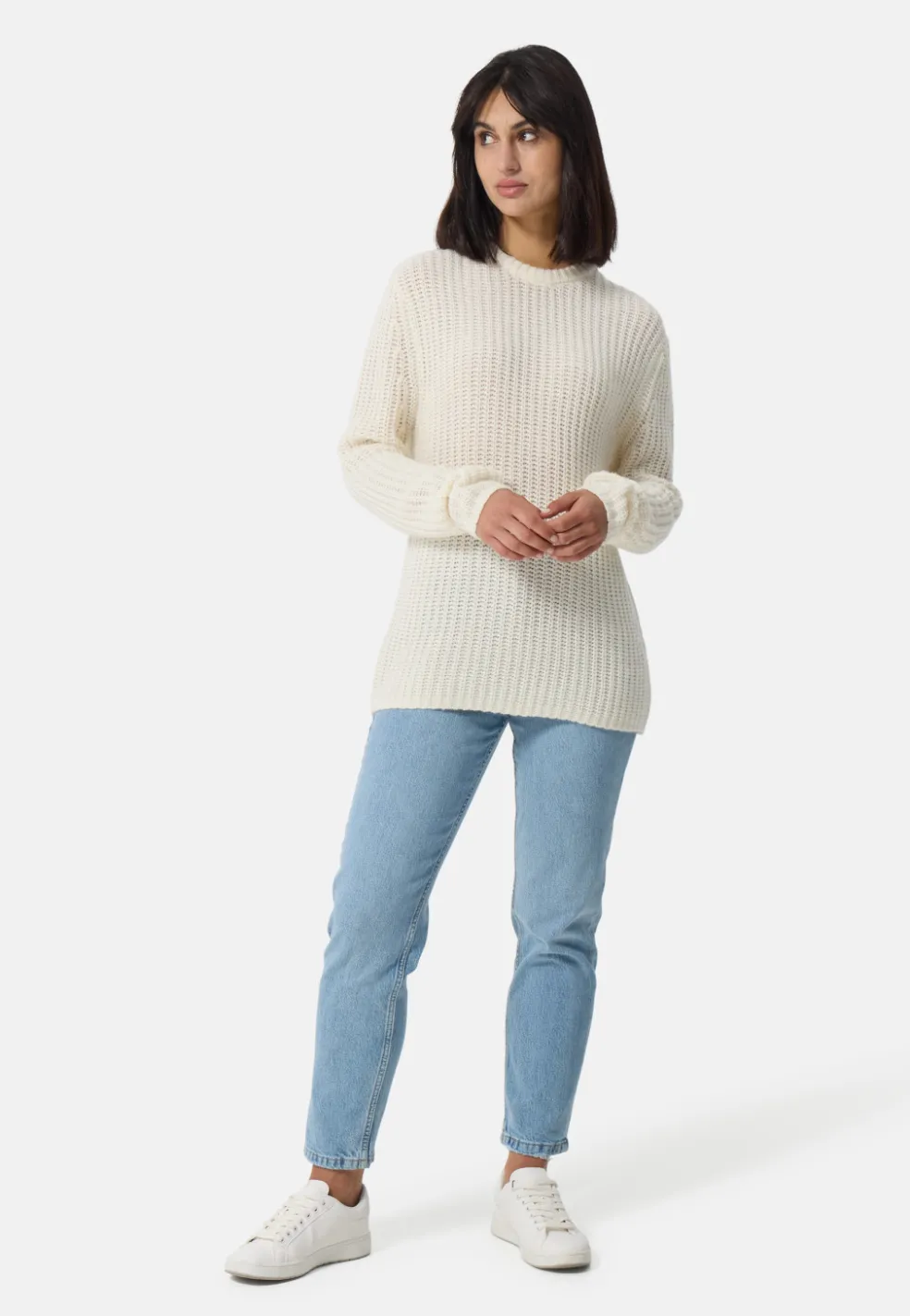 Grobgestrickter Wolle Kaschmir Rundhals Pullover weiss