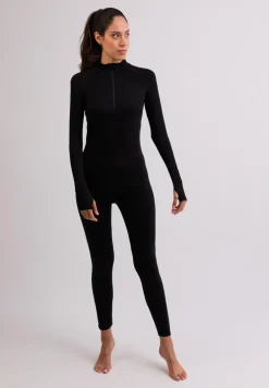 High Performance Kaschmir Sportwäsche Langarm-Shirt mit Stehkragen und Half-Zip schwarz