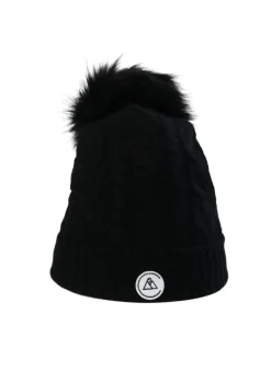 Kaschmir Mütze mit Zopfmuster und Bommel schwarz
