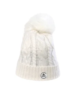 Kaschmir Mütze mit Zopfmuster und Bommel weiss