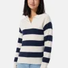 Kaschmir Pullover mit Polokragen gestreift weiss und marine blau