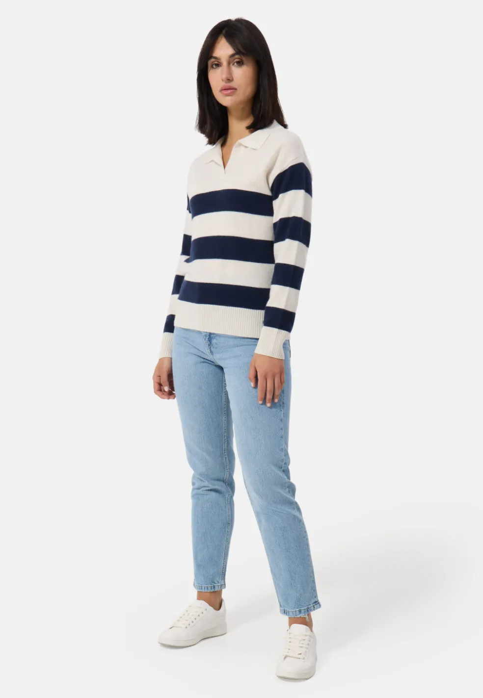 Kaschmir Pullover mit Polokragen gestreift weiss und marine blau