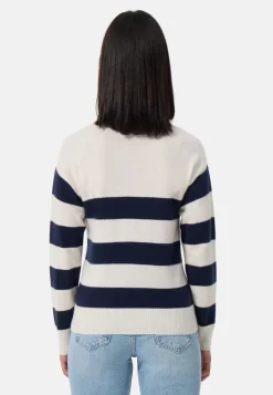 Kaschmir Pullover mit Polokragen gestreift weiss und marine blau