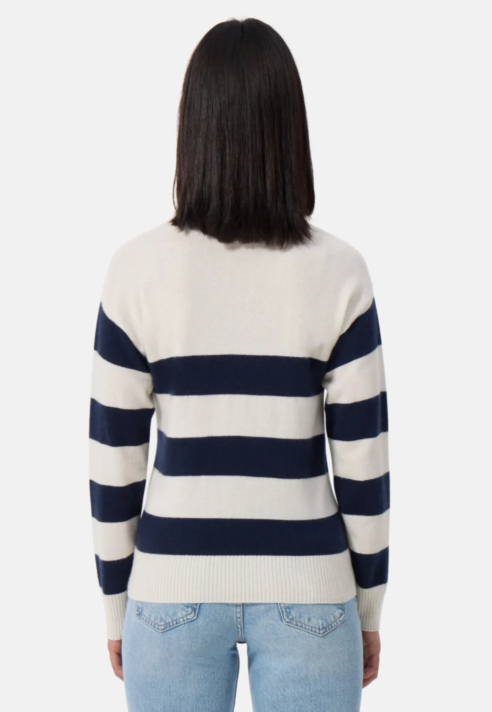 Kaschmir Pullover mit Polokragen gestreift weiss und marine blau