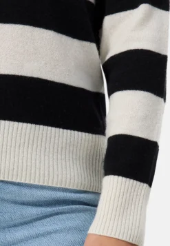 Kaschmir Pullover mit Polokragen gestreift weiss und schwarz