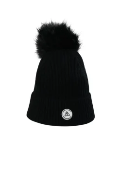 Kaschmir Rib Mütze mit Bommel schwarz