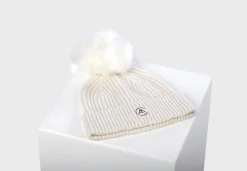 Kaschmir Rib Mütze mit Bommel weiss