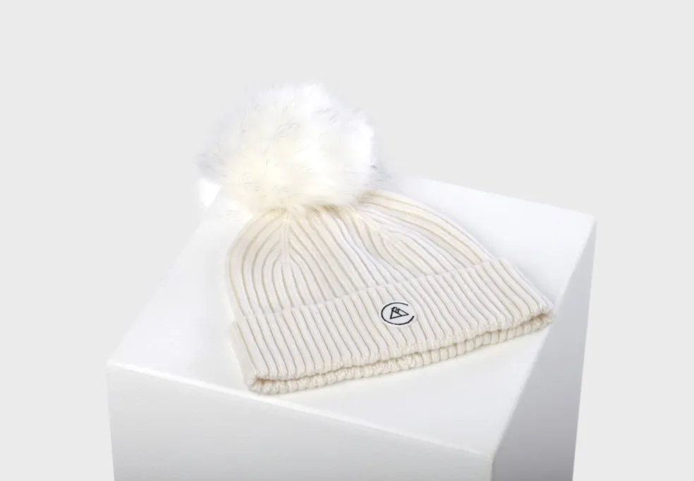Kaschmir Rib Mütze mit Bommel weiss
