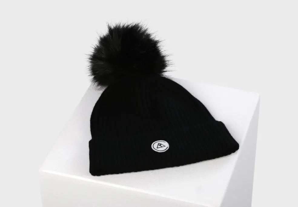 Kaschmir Rib Mütze mit Bommel schwarz