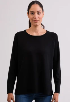 Kaschmir Rundhals Pullover mit Seitenschlitzen schwarz