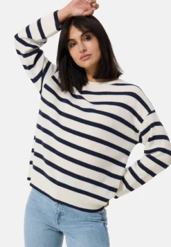 Kaschmir Rundhals Pullover gestreift weiss und marine blau