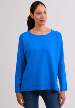 Kaschmir Rundhals Pullover mit Seitenschlitzen dazzling blau