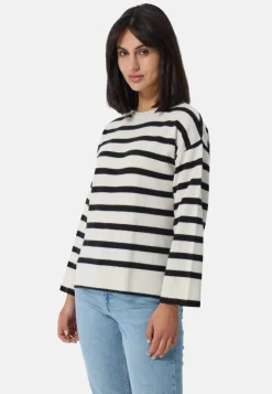 Kaschmir Rundhals Pullover gestreift schwarz und weiss