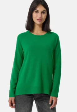 Kaschmir Rundhals Pullover mit Seitenschlitzen grün
