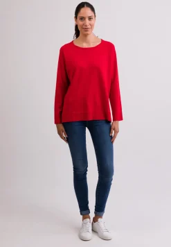 Kaschmir Rundhals Pullover mit Seitenschlitzen rot