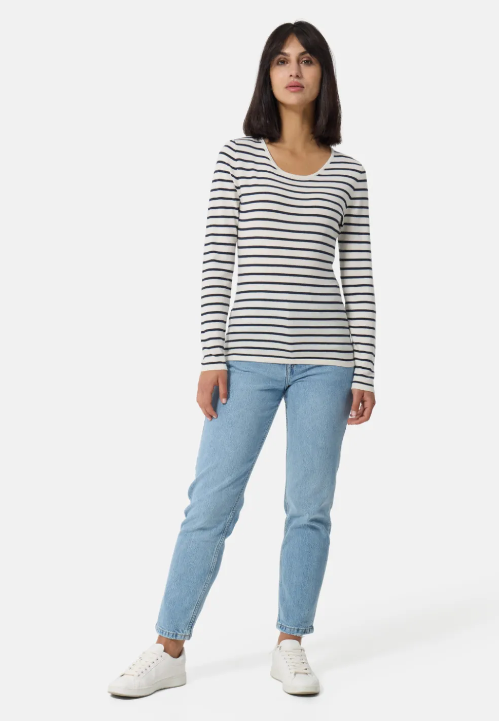 Kaschmir Rundhals Pullover gestreift weiss und marine blau (Frühling)
