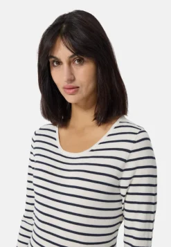 Kaschmir Rundhals Pullover gestreift weiss und marine blau (Frühling)