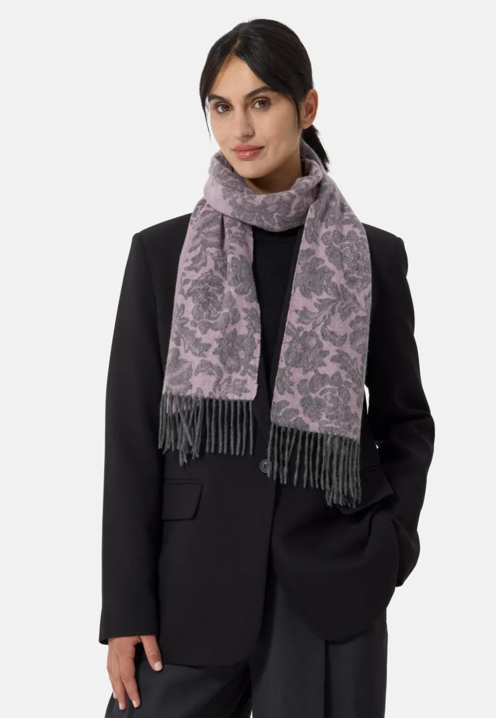 Kaschmir Schal mit Blumenmuster (GOTS) grau und pink