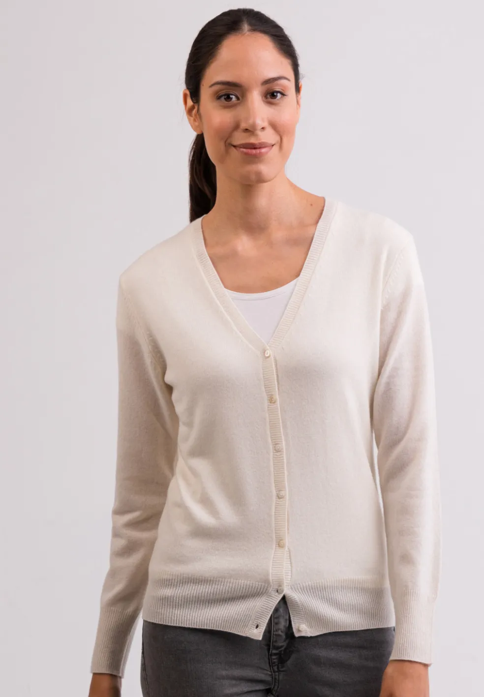 Kaschmir Strickjacke Cardigan V-Ausschnitt weiss