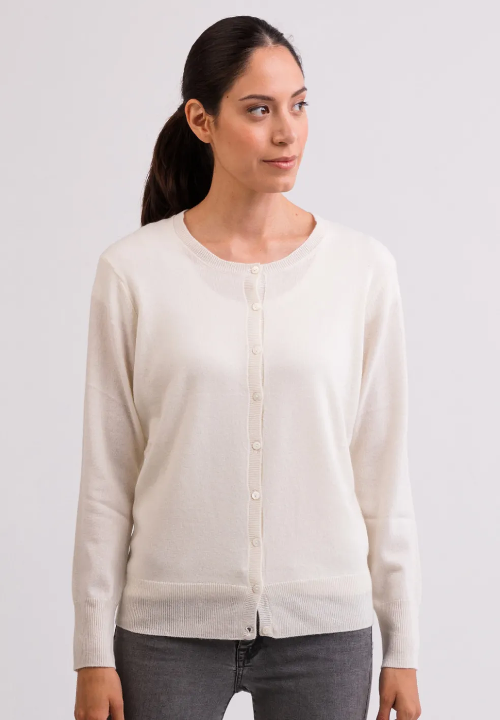 Kaschmir Strickjacke Cardigan Rundhals weiss