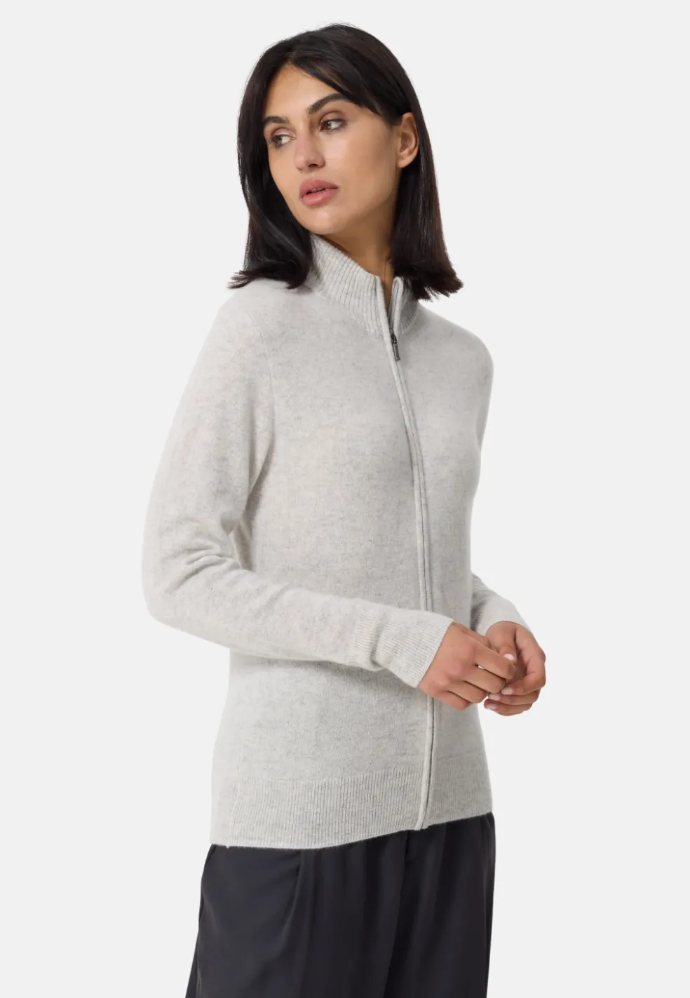 Kaschmir Strickjacke Cardigan mit Reissverschluss hellgrau melange