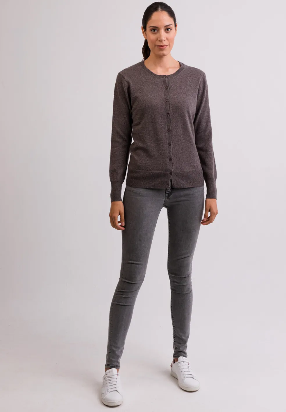 Kaschmir Strickjacke Cardigan Rundhals taupe melange