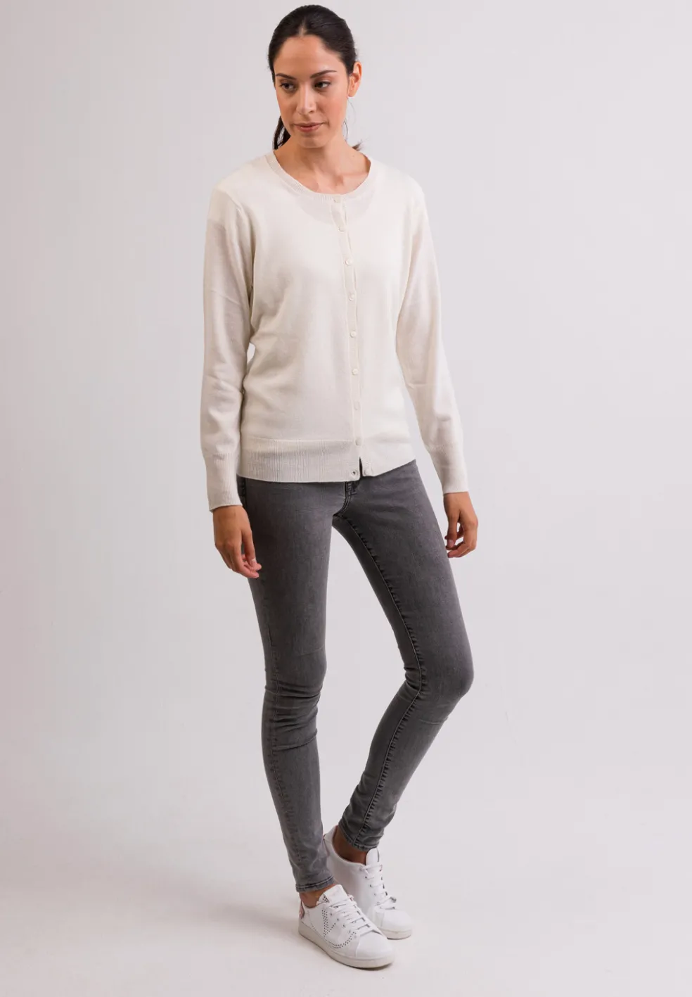 Kaschmir Strickjacke Cardigan Rundhals weiss