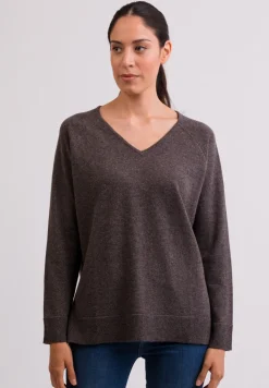Kaschmir V-Ausschnitt Pullover mit Seitenschlitzen taupe melange