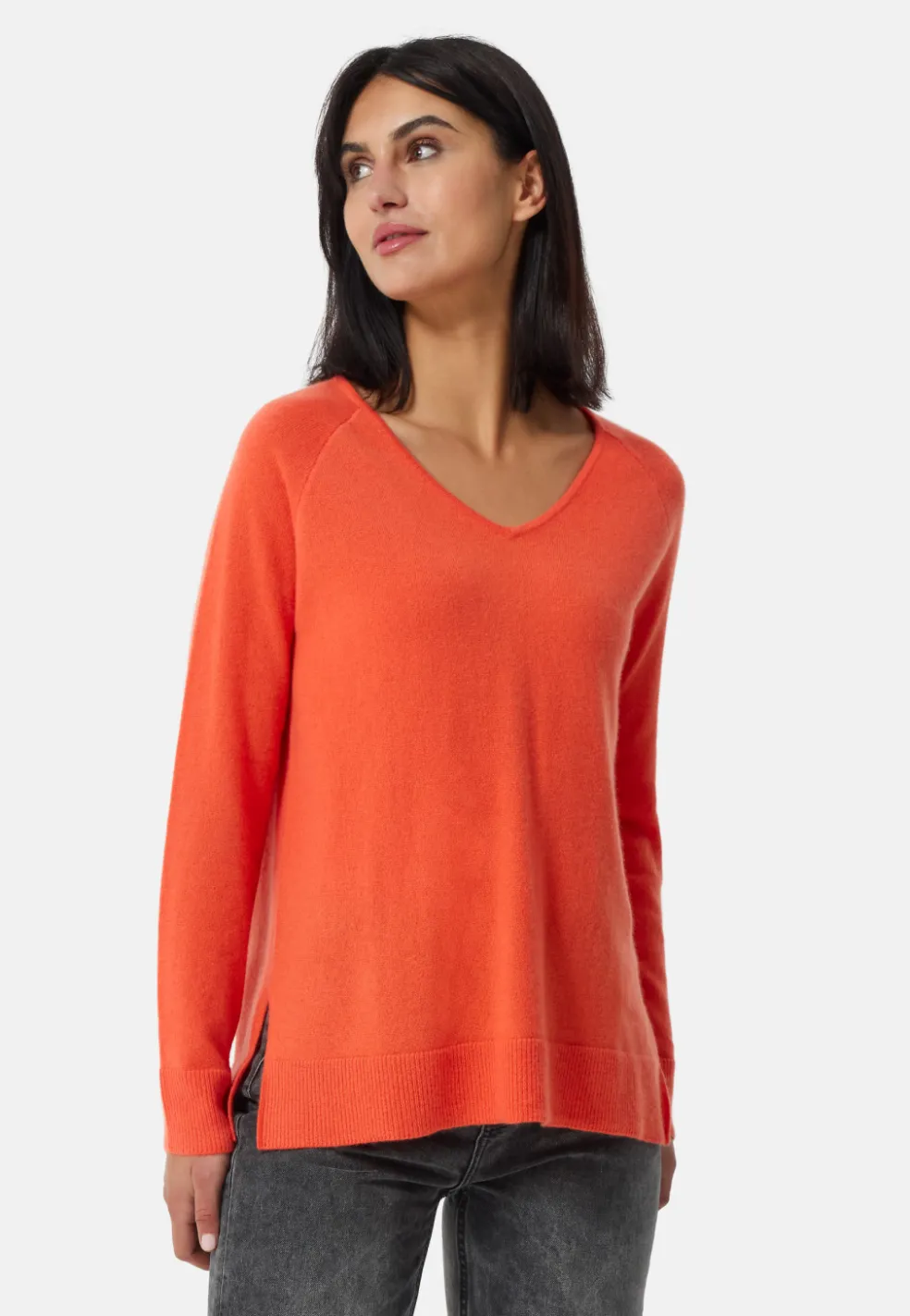 Kaschmir V-Ausschnitt Pullover mit Seitenschlitzen sonnengelb