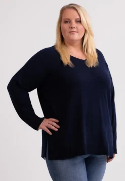 Kaschmir V-Ausschnitt Pullover mit Seitenschlitzen marine blau