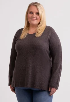 Kaschmir V-Ausschnitt Pullover mit Seitenschlitzen taupe melange