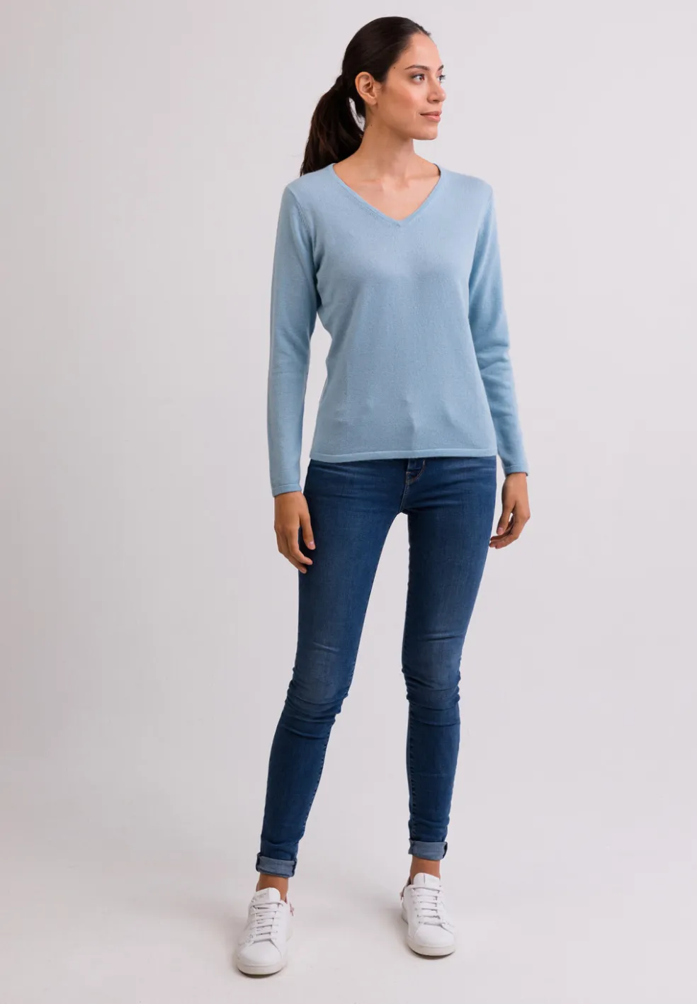 Kaschmir V-Ausschnitt Pullover hellblau