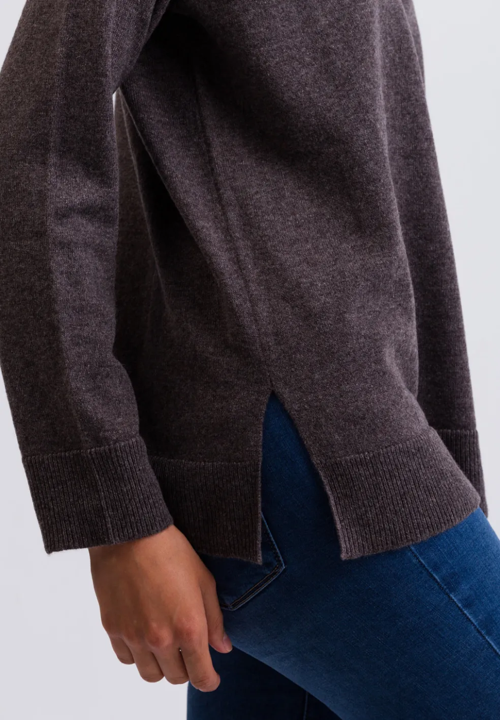 Kaschmir V-Ausschnitt Pullover mit Seitenschlitzen taupe melange