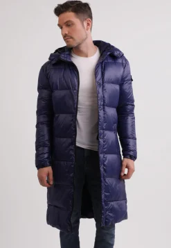 Langer Daunenmantel mit Kapuze und Kaschmirfutter navy