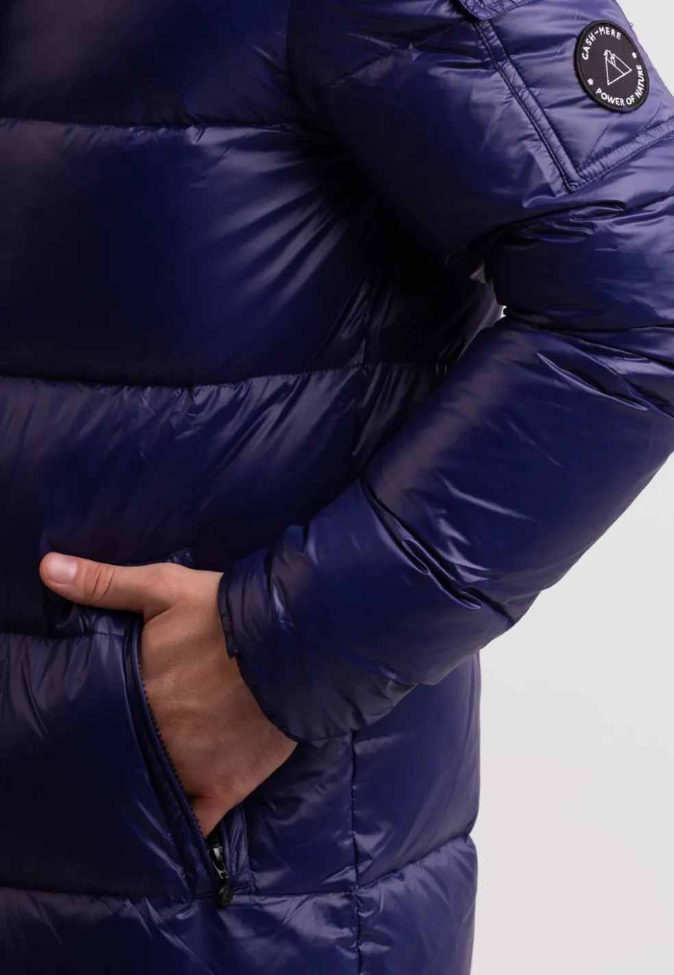 Langer Daunenmantel mit Kapuze und Kaschmirfutter navy