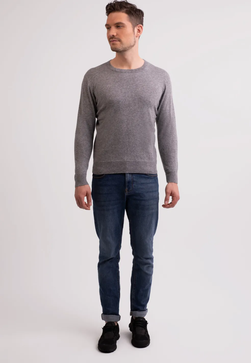 Recycelter Kaschmir Rundhals Pullover mittel grau melange
