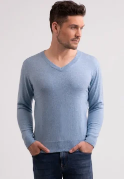 Recycelter Kaschmir V-Ausschnitt Pullover hellblau melange